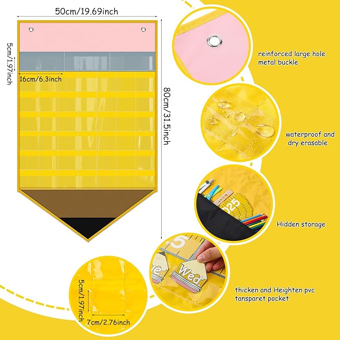Feifeiya Pencil Calendar Pocket Chart with 82 Activity Cards Classroom Learning Circle Time Calendar Teacher Daily Schedule Pocket Chart for Classroom Homeschool Preschool Office Supplies