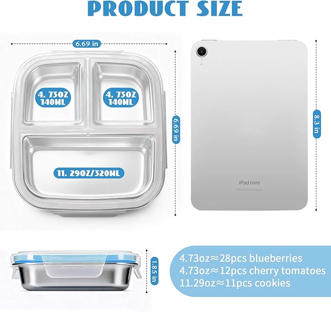 2 Pack Stainless Steel Snack Containers, 3 Compartments Reusable on the go Bento Box with Lids for Kids, Toddler Lunch Box Containers Pre Meal Storage for Daycare School Camping - White Blue
