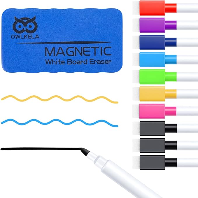 OWLKELA 10 Pcs Colorful Magnetic Erasable Markers for Whiteboard, Dry Erase Markers with Eraser, Low Odor Magnetic Eraser, White Board Markers for Office, Classroom, Home, 8 Color