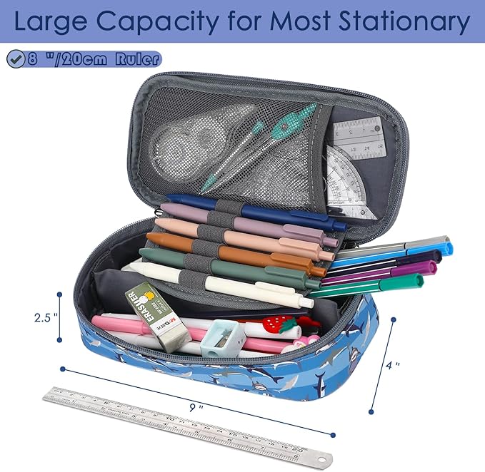 FlowFly Large Capacity Pencil Case for Kids, Boys & Girls – Zippered Multi-Functional Pen Pouch, Soft & Portable Pencil Bag for School, Teens, Students, Shark