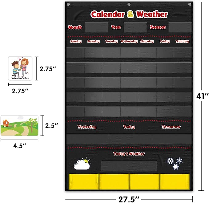 Calendar and Weather Pocket Chart, Classroom Organized Chart, 149 Pieces (Black)