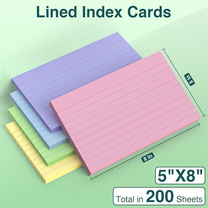 Index Cards 5x8, 200 Sheets, Ruled Color Flash Cards for Effective Studying and Note-Taking, Premium Note Cards, Essential School Supplies for College & Office, Home Organization & Study Supplies