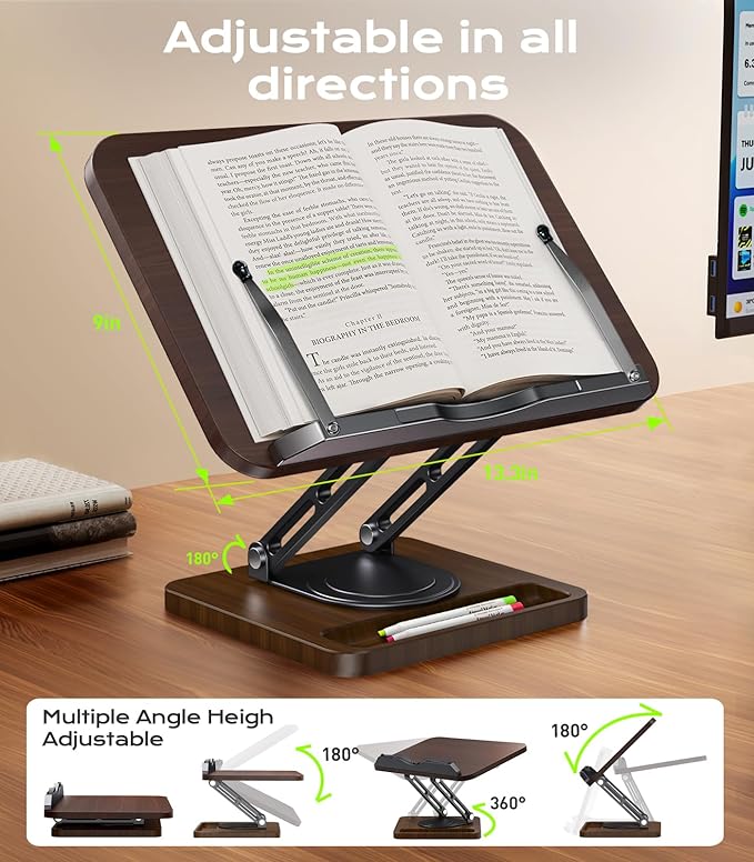 Book Stand for Reading, Adjustable Book Holder, 360° Rotating Bases with Pen Slot, Ergonomic Cookbook Stand Recipe Book Holder with Elastic Page Clips for Magazines, Tablets, Laptops