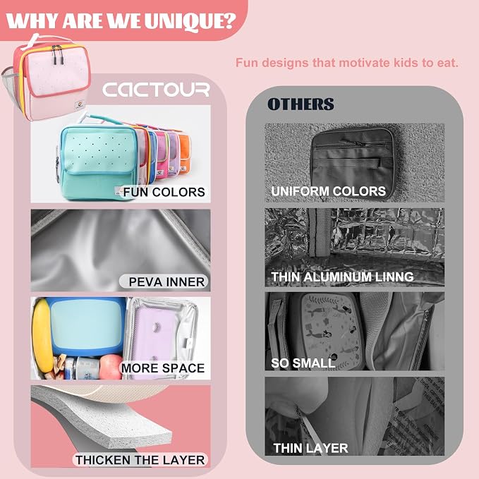 CaCTOUR Lunch Box Kids,Fun Color Lunch Box for Girls,Large Soft Cooler Lunch Bag for Kids,Back to School Thermal Insulated Lunch Tote Bag for School Daycare Outdoor (Pink Red)