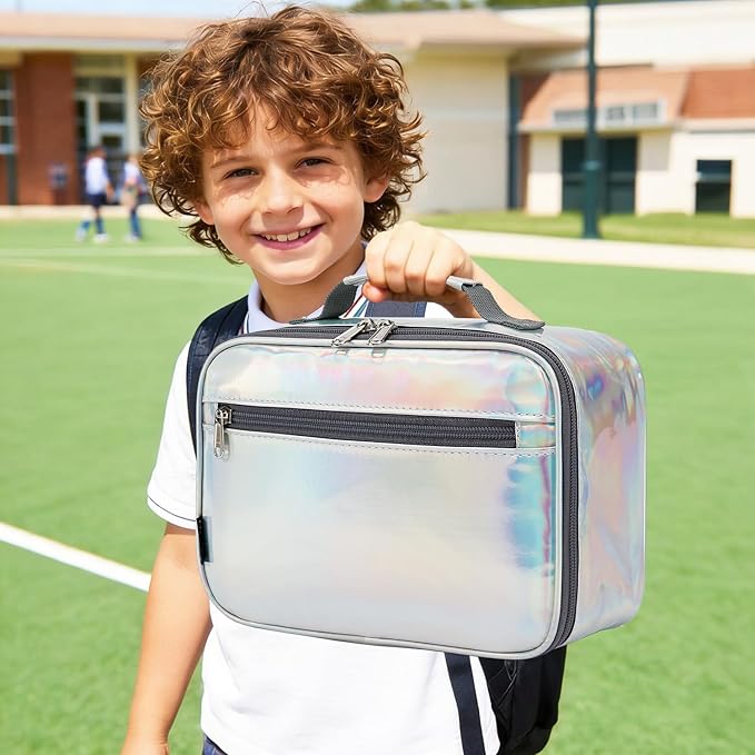 FlowFly Kids Lunch box Insulated Soft Bag Mini Cooler Back to School Thermal Meal Tote Kit for Girls, Boys, Silvery