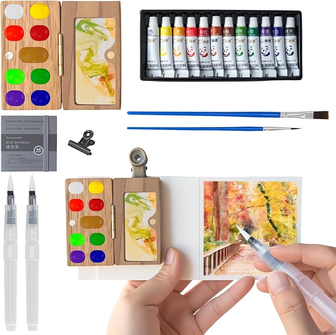 Mini Watercolor Paint Set，Travel Watercolor Set，Portable Watercolor Kit，Pocket Artist Water Color Travel Set with Include Paint, Brush and Picture Album for Beginners Artists Painting Enthusiasts