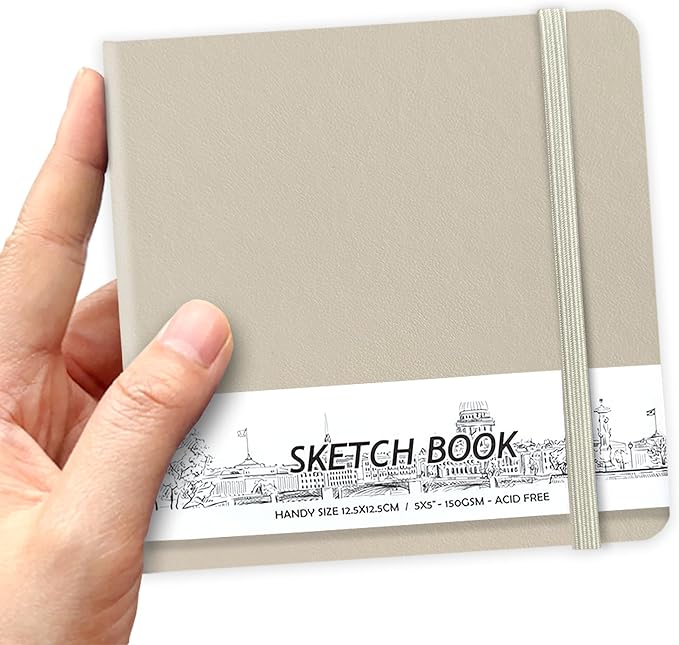 5" x 5" Hardcover Sketch Book,Small Mixed Media Sketch Pad,58 Sheets 150GSM Acid-Free Artist Drawing Paper,Travel Journal Blank Notebook for Adults Painting,Illustration,Art Supplies.Light Gray