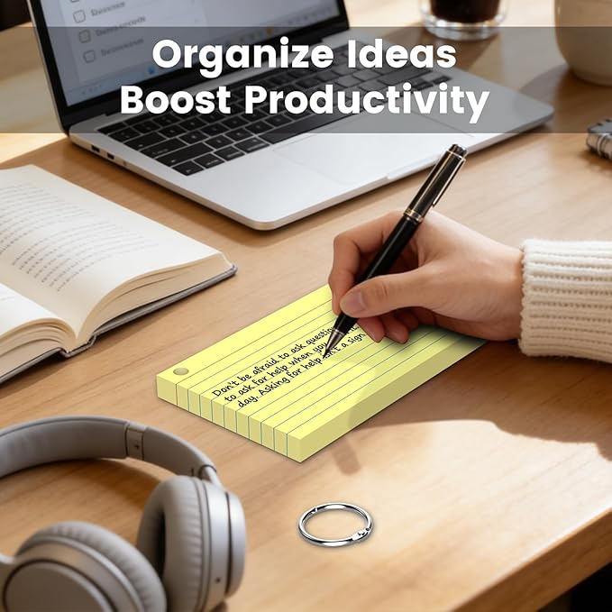 300 Count Index Cards 3 x 5 Inch Yellow Flash Cards with Ring, Heavy Flashcards College Ruled Home Organization, Durable Study To Do List Note Cards with Ruled Lines for Office & School Supplies