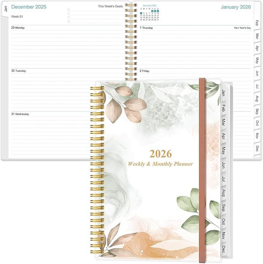 2026 Planner - Planner 2026 from January 2026 to December 2026 with 12 Monthly Tabs, Flexible Cover, Inner Pocket, 8.5" x 11", Rose Leaf