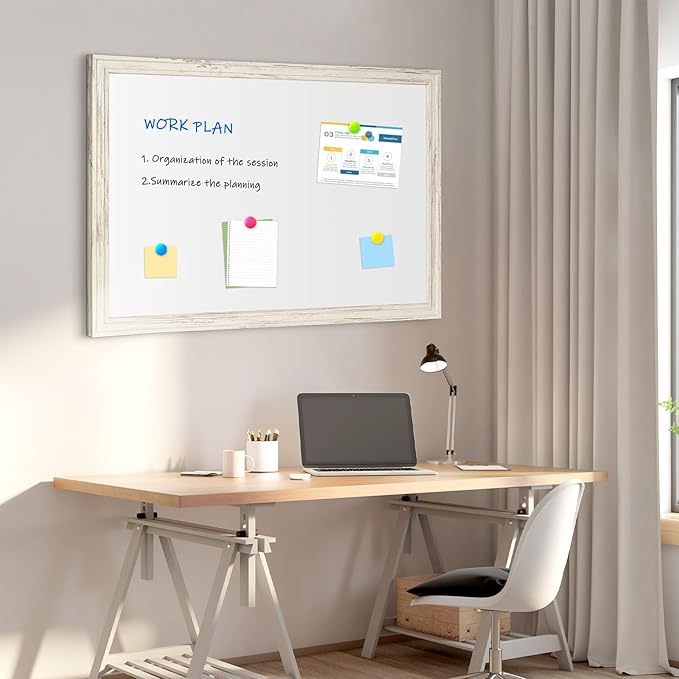 4 THOUGHT Dry Erase Board, 36 x 24 in Magnetic Whiteboard White Vintage Wood Frame Wall-Mounted White Board Decorative Notice Board for School, Office, Home, 8 Magnets 4 Markers 1 Eraser