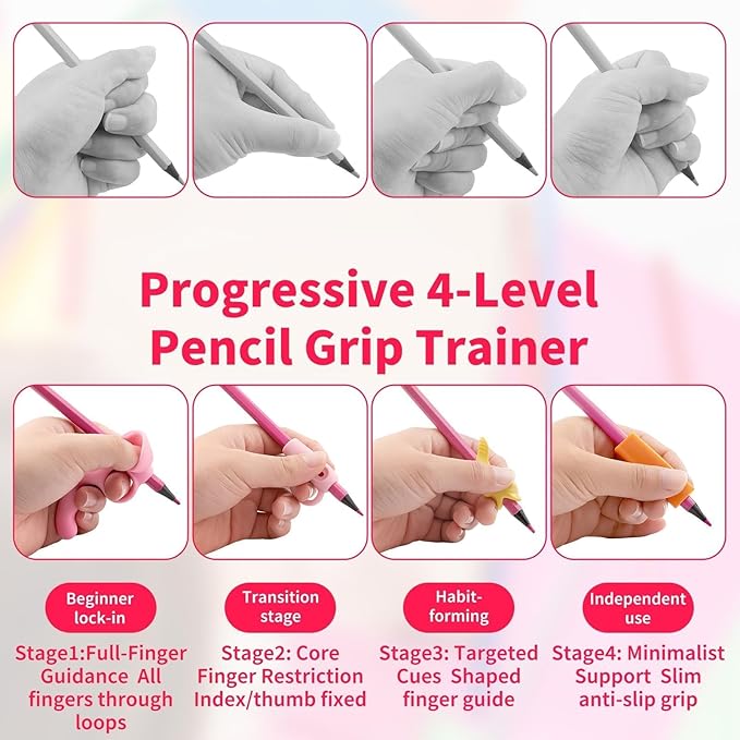 8PCS Pencil Grippers for Kids Handwriting, 4-Stage Ergonomic Pencil Grips, Step-by-Step Training & Posture Correction Tool for Children & Preschoolers, Silicone Finger Grip Aid to Fix Bad Habits
