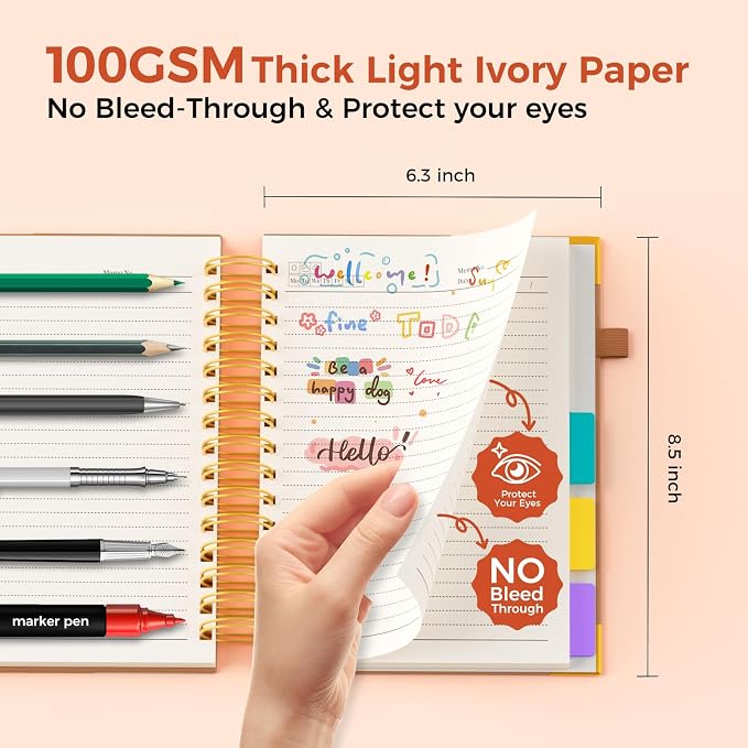 XYark A5 Hardcover Spiral Notebook, 6.3"x8.5" College Ruled Notebooks with Removable Dividers Tabs & Ruler, 5 Subject Notebook 300 Pages, Small Lined Journal for Women Men School Work Office, Orange