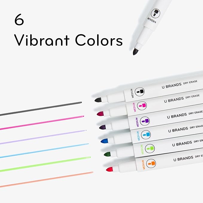 U Brands Fine Tip Dry Erase Markers with Eraser, Low Odor Whiteboard Markers Fine Tip, Assorted Bright Colors, Set of 6