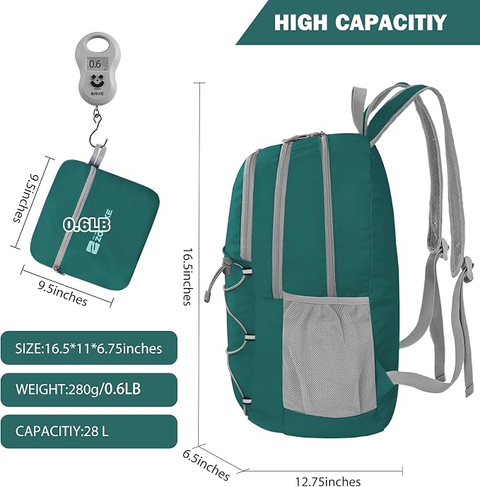 ZOMAKE Lightweight Packable Backpack, 28L Foldable Daypack (Olive Green) | Light Hiking Backpacks Water Resistant Collapsible Day Pack for Travel, Everyday Carry, Multi-Pocket Layout, Heavy Duty Nylon
