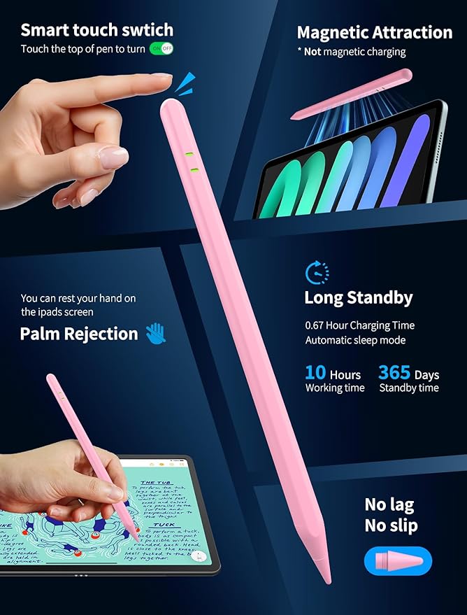 Pencil for Apple iPad A16/10/9/8/7/6th Gen, Pro 13/12.9/11" M5/M4, Air M3/M2/5/4/3, Mini 6/5 – Stylus Pen with Tilt Sensitivity & Palm Rejection (Pink)