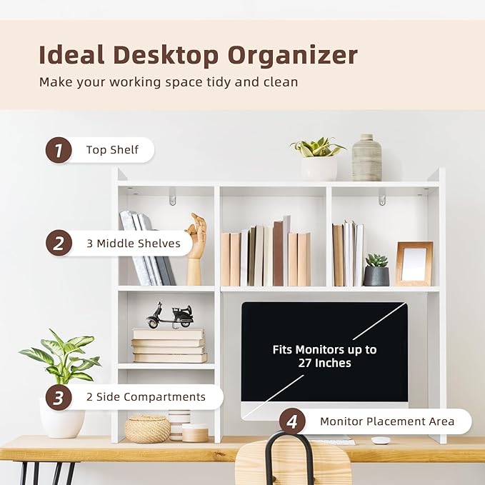 OOOK Desk Hutch, Desktop Bookshelf with 5 Shelves, Wood Desk Shelf for Computer, 3-Tier Desktop Bookshelf Organizer for Home Office Dorm, White