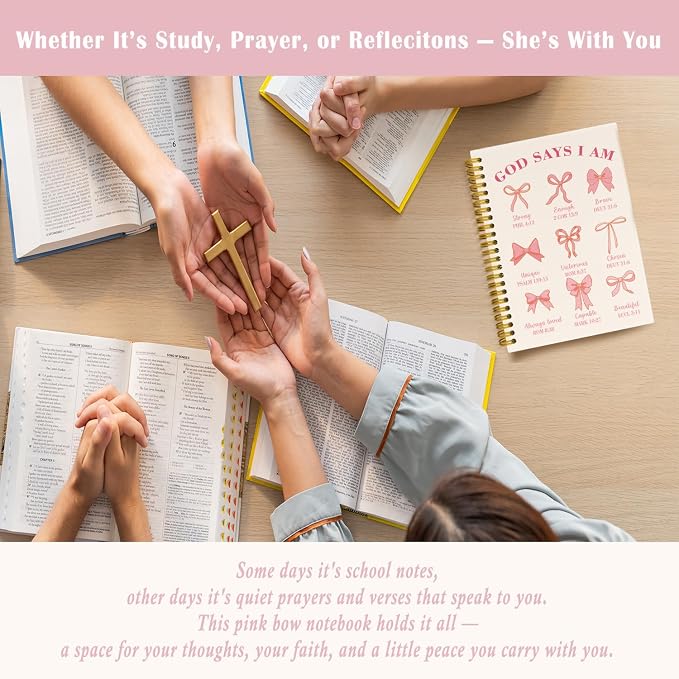 Bible Journal for Women, Christian Prayer Journal Pink Notebook Gifts for Teen Girls Kids, Bible Study Supplies, Coquette Preppy Bows Cute Church Faith Journaling Hardcover Spiral Notebook 5.5 X 8.3