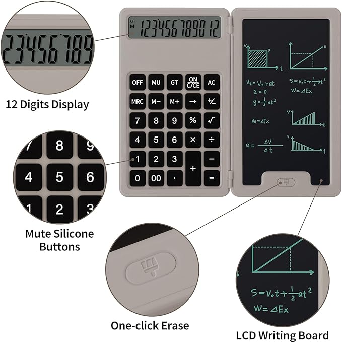Desk Portable Basic Calculator, Small Mini Calculators with Writing Notepad and Stylus, More Lightweight and Portable, 12Digit Large Display Multi-Function for Office, School, Home & Financial (Khaki)