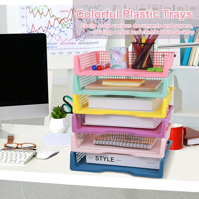 gisgfim 6 Pcs Turn in Trays Classroom Colorful Paper Tray for Classroom Organization and Storage Stackable Plastic Book Baskets Turn in Bins Teacher Organizers for Library Drawers School Office Desk