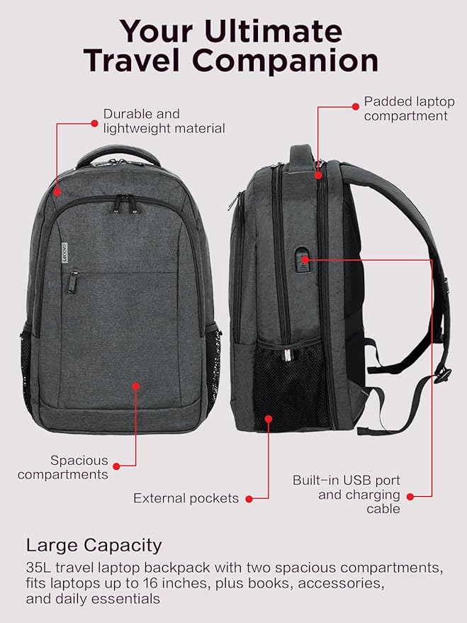 Lenovo B325 Laptop Backpack, Grey, 17-Inch, Water-Resistant Travel Backpack with External USB Port, Anti-Theft Design, Luggage Strap, for Men & Women, Perfect for Work, and Travel