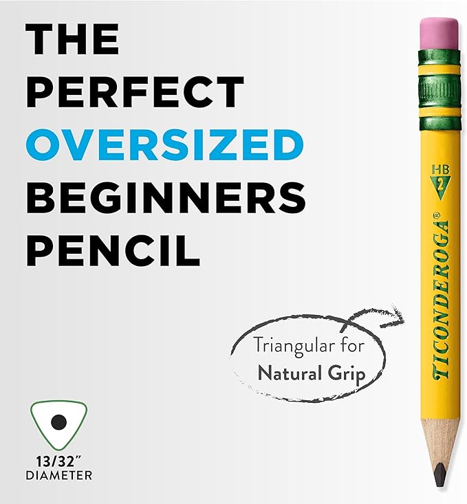 Ticonderoga My First Half-Size Wooden Pencils, Large Triangle-Barrel Pre-Sharpened #2 (HB) Short 4.5" Yellow Pencils with Erasers, Yellow, 12/Pack