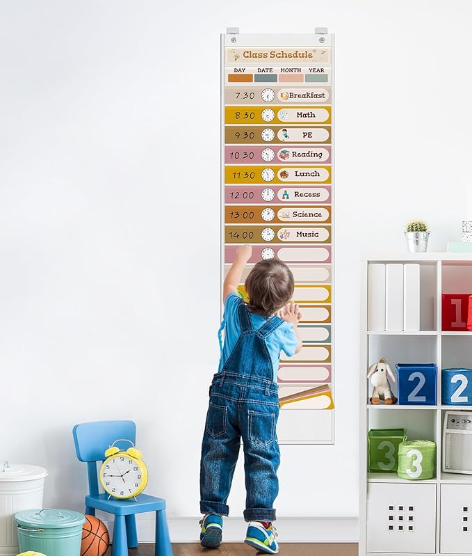 18+1 Pockets Daily Schedule Pocket Chart, Classroom Visual Schedule for Kids with 24 Double Sided Reusable Cards, Classroom Pocket Chart for Office Home Preschool Daily Use, Boho White