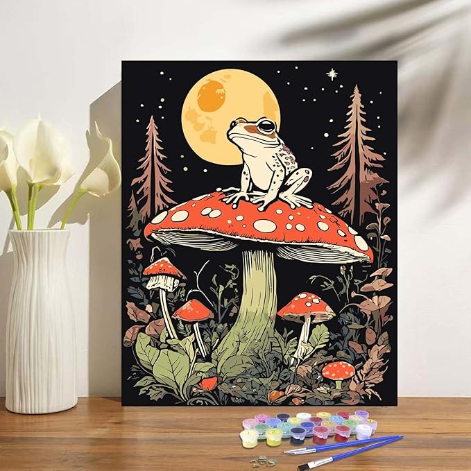 Mushroom Paint By Numbers Kit For Adults, Country Night Paint By Number Kits For Beginner Frog Moon Acrylic On Canvas Diy Oil Painting Kit Adults' Paint-By-Number For Gift Home Wall Decor 16x20 Inch