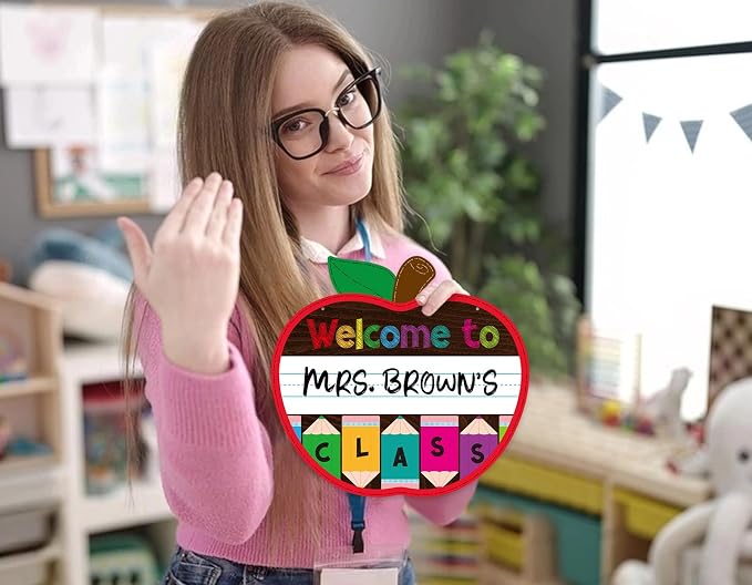 WaaHome Welcome Sign for Classroom Door Decorations 11.3"x12" Personalized Apple-shape Teacher Door Sign Back to School Welcome to Our Classroom Sign Teacher Name Sign for Classroom Door Teacher Supplies