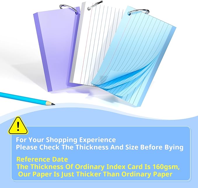 Index Cards 3x5 Inches, 250 PCS, Colorful Flash Cards With Ring, Punched Lined Study Card Ruled Flashcards Notecards, Ruled Front And Blank Back, Note Card for School, College And Home