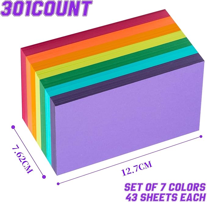 Index Cards 301-Count 3x5 Inch,178GSM Heavyweight Set of 7 Colors Paper Multicolor Study Cards (Rainbow)