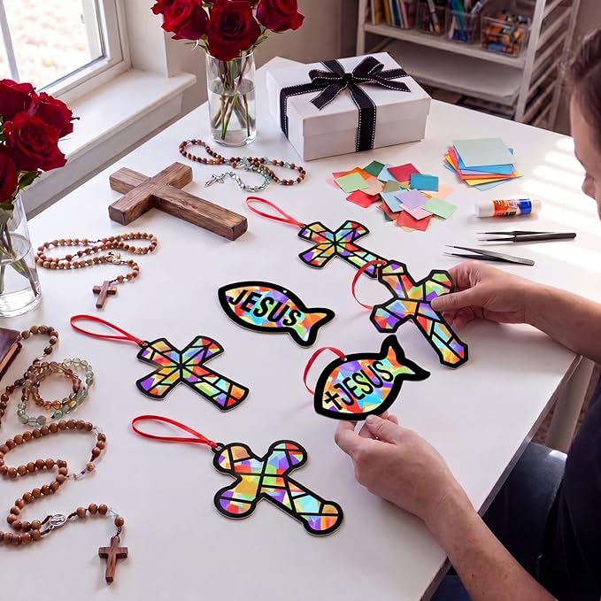 48PCS Sunday School VBS Crafts Bulk: Paper Cross Fish Nativity Suncatchers, Jesus Religious Christian Activity DIY Kits Church Decorations, Window Stained Glass Effect Art Supplies