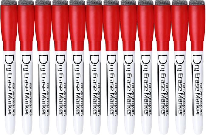 Volcanics Magnetic Dry Erase Markers With Eraser Cap Low Odor Fine Tip Whiteboard Pens Whiteboard Markers, Pack of 12, Red