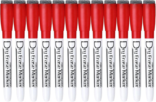Volcanics Magnetic Dry Erase Markers With Eraser Cap Low Odor Fine Tip Whiteboard Pens Whiteboard Markers, Pack of 12, Red
