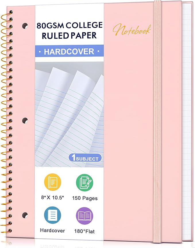 Spiral Notebook College Ruled Paper 8" x 10-1/2", 1 Subject Spiral Notebook 80GSM Paper, 3-Hole Punched Perforated Pages Ideal for School, Office, Writing, 75 Sheets Lined Journaling Notebook, Pink