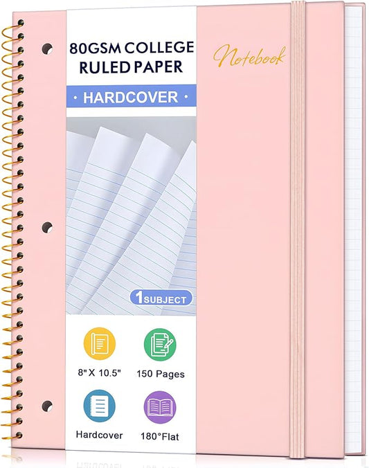 Spiral Notebook College Ruled Paper 8" x 10-1/2", 1 Subject Spiral Notebook 80GSM Paper, 3-Hole Punched Perforated Pages Ideal for School, Office, Writing, 75 Sheets Lined Journaling Notebook, Pink