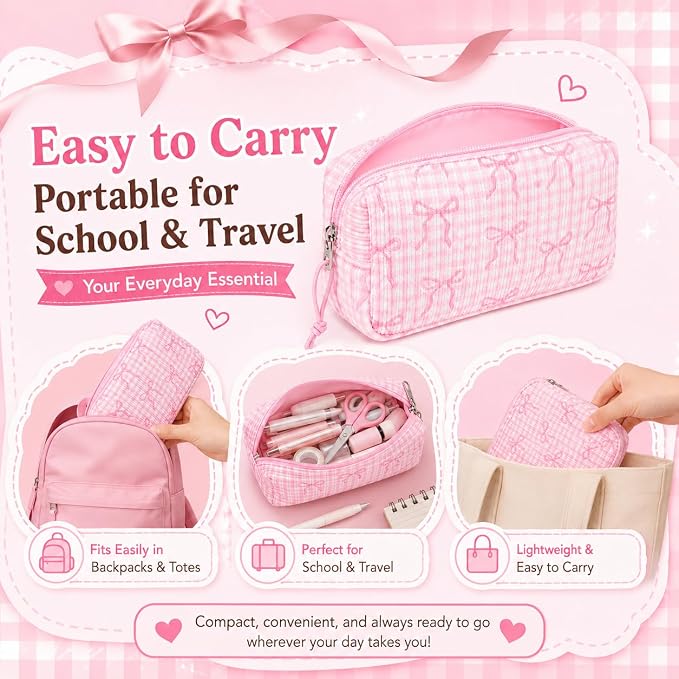 LEDAOU Cute Pencil Case for Kids Girls Boys Pencil Pouch kawaii Pen Pencil Box Bag Holder for School Students (Corduroy Pink Bow Checkered)