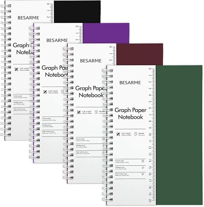 BESARME 4 Pack Graph Paper Notebook A5 Grid Paper Notebooks Waterproof Plastic Graphing Spiral Journal 5.7" x 8.22" Engineering Notebooks for Work School Supplies, 640 Pages 100 GSM