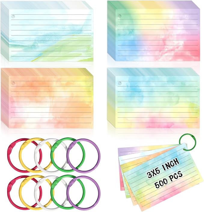 500 PCS Colored Index Cards with Hole Lined Flash Cards with Binder Rings Watercolor Notecards with Rings 3x5 Study Cards Flashcards for Home School Office Supplies