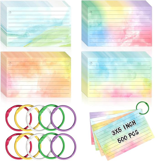 500 PCS Colored Index Cards with Hole Lined Flash Cards with Binder Rings Watercolor Notecards with Rings 3x5 Study Cards Flashcards for Home School Office Supplies