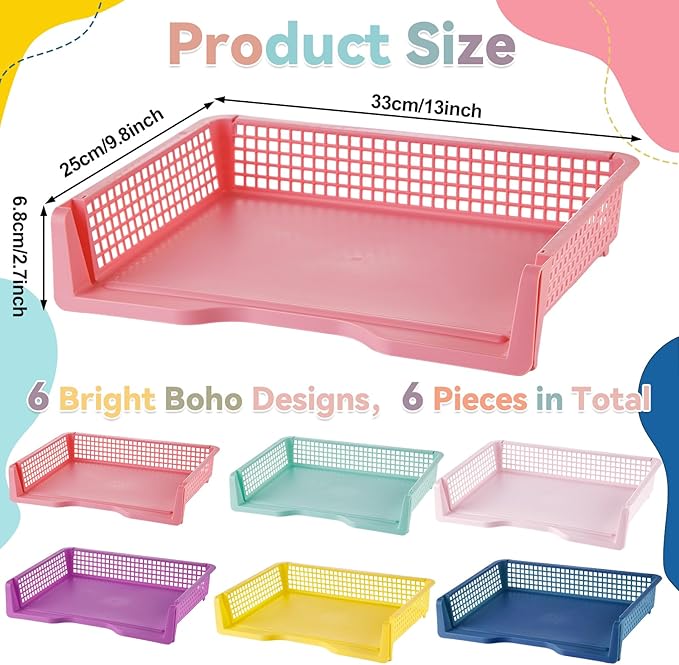 gisgfim 6 Pcs Turn in Trays Classroom Colorful Paper Tray for Classroom Organization and Storage Stackable Plastic Book Baskets Turn in Bins Teacher Organizers for Library Drawers School Office Desk