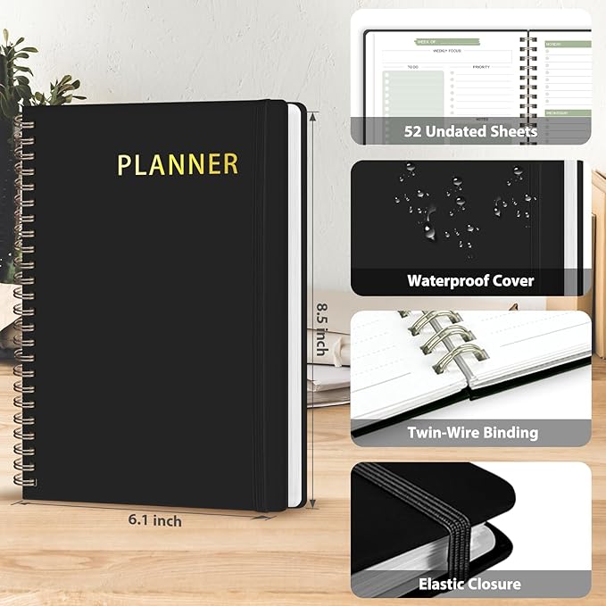 Undated Weekly Planner, Weekly To Do List Notebook with Goal, Organizer & Habit Tracker, A5 Daily Planner with Spiral Binding, Ideal for Office School Suppies