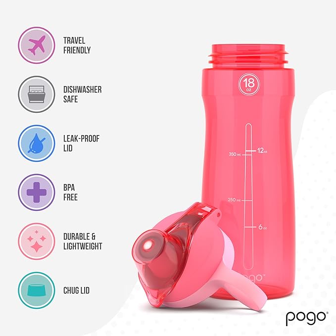 Pogo BPA-Free Tritan Plastic Water Bottle with Chug Lid, 18 Oz, Pink