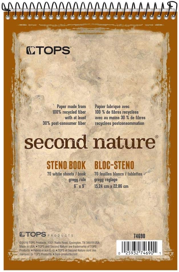 TOPS Second Nature Spiral Steno Books, Recycled, 6 x 9 Inches, Gregg Rule, Tan Cover, 70 Sheets Per Book (74690)