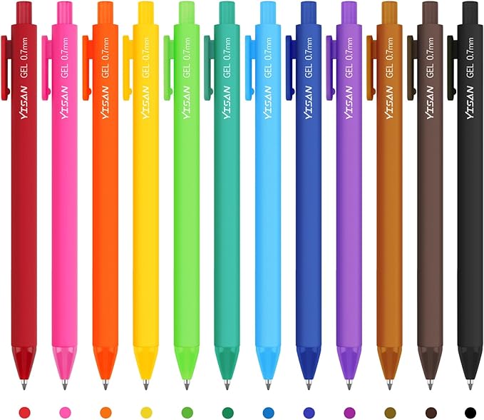 YISAN Colored Gel Pens,Journal Pens 0.7 mm Colorful Ink Pens,Fine Point Fast Dry 12 Assorted Colors,No Bleed,Smooth Writing for Journaling and Note Taking,Retractable,71044