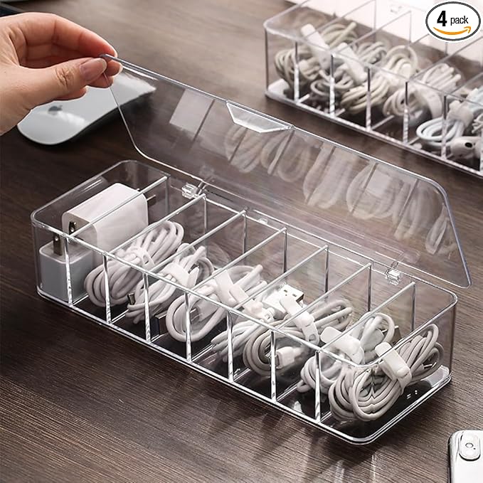 4Pcs cord organizer box with Lid, 10.2 x 3.5 x 2.2in, Desktop Cord Organizer with Compartments (4)