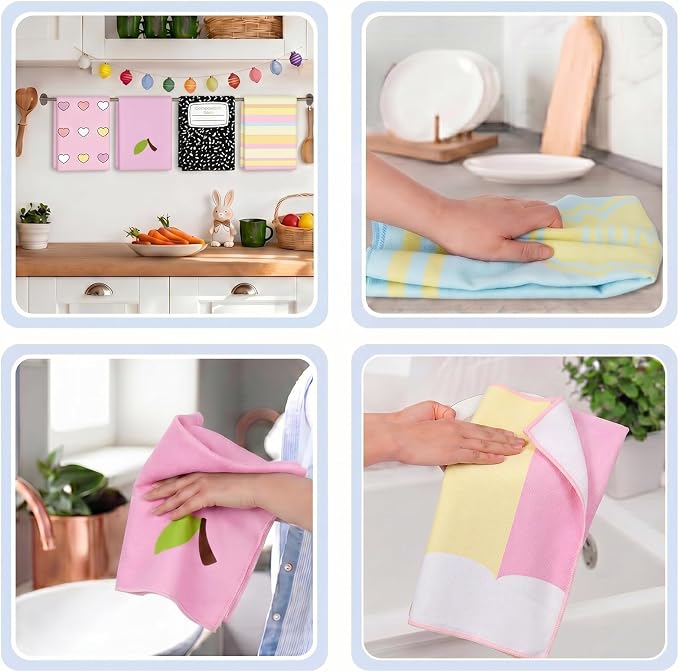 Frienda 6 Pcs Back to School Teacher Gift Kitchen Dish Towels 16x24'' First Day of School Classroom Decor Crayon Pencil Composition Notebook Decorative Hand Towel for Classroom Party Favor (Pastel)
