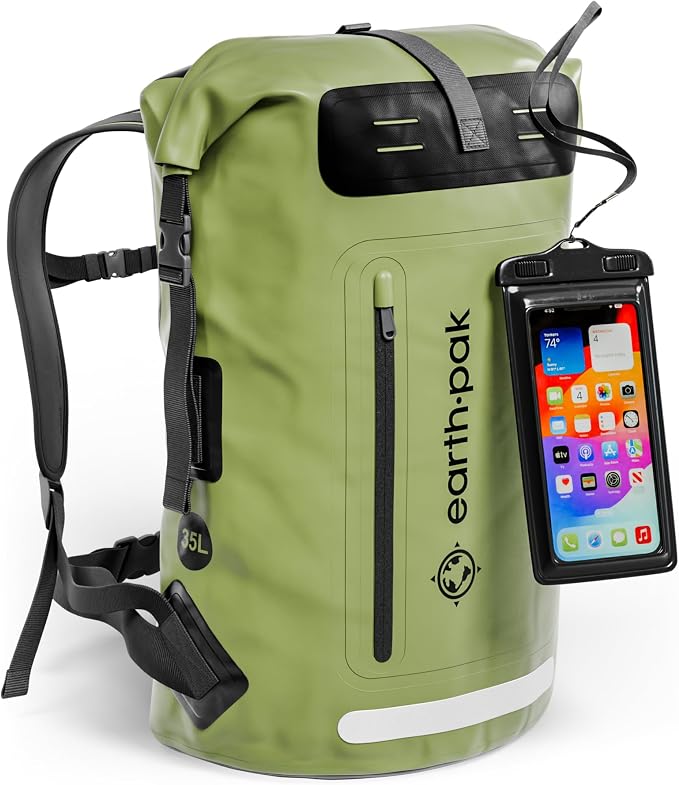 Waterproof Dry Bag Backpack 35L - Kayaking Boating Fishing Rafting Marine | Green 35L dry bag: 500D PVC, abrasion resistant build, IPX8 phone case for river and lake trips