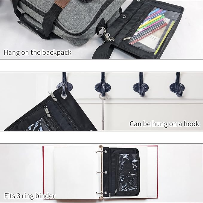 YoeeJob 2 Pack Expandable Pencil Pouches for 3 Ring Binders, Black | 1-inch expansion, 2 clear PVC pockets, 3 holes, large-capacity storage for school and office supplies.