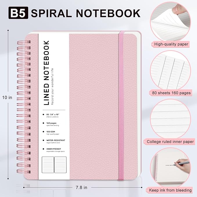 ABERLLS Lined Spiral Journal Notebook with 160 Pages, 7.8×10in, B5 Spiral Notebook, Journaling Notebooks for Work, School, Women, Men, College Ruled Spiral Notebook, Hardcover Leather Journals, Pink