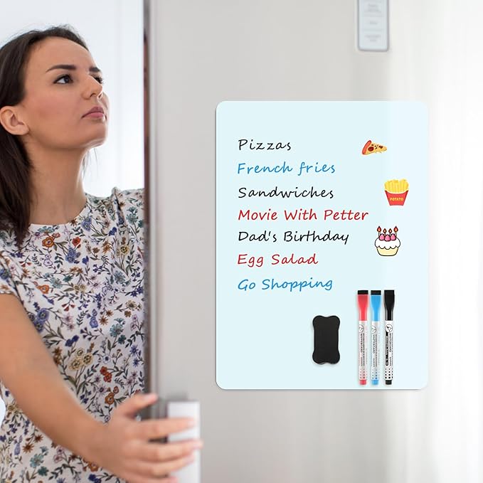 MaxGear Magnetic Blue Dry Erase Board Sheet 12"x8" for Refrigerator, Small Fridge Magnetic Whiteboard for Kitchen, Fridge Shopping List for Family Planner and Grocery List, 1 Eraser, 3 Markers